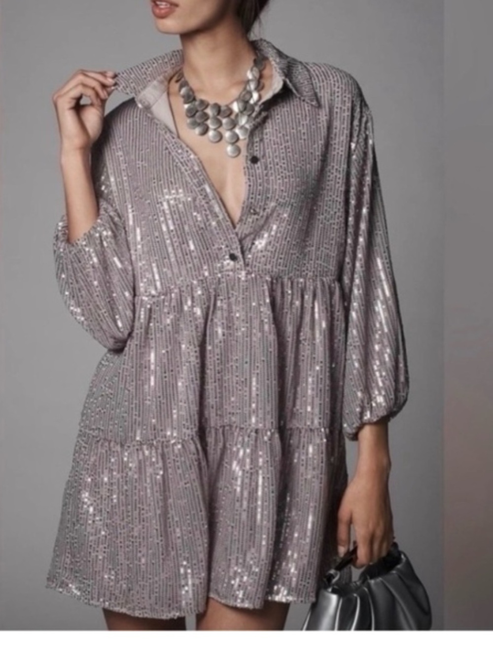 Anthropologie Maeve Bettina Mini Shirt Dress Sparkly Silver Sequins Size S NWT